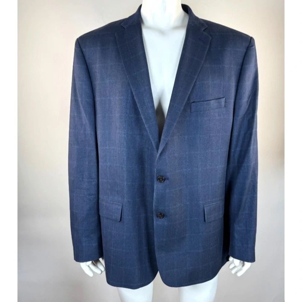 Ralph Lauren Silk Wool Blazer Mens 52L‎ Plaid Lined 2-Button Double-Vented Blue